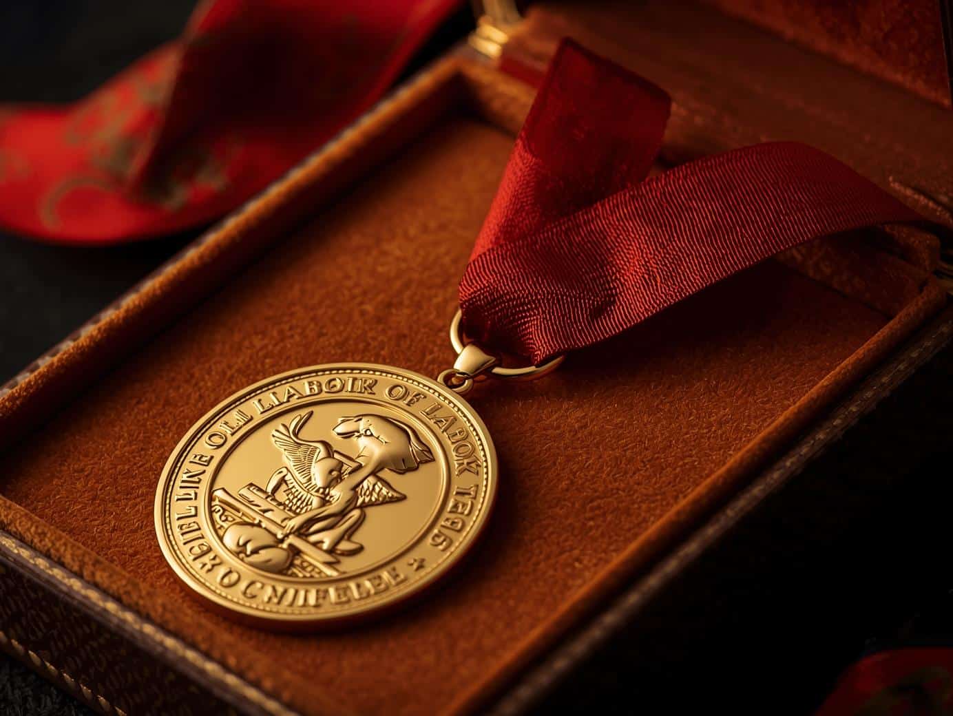 médaille du travail avec un ruban dans un coffret de présentation